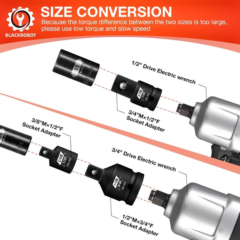 BLACKROBOT 8PCS Impact Socket Adapter Set, 1” 3/4” 1/4" 3/8" 1/2" Drive Socket Adapter Set, Square Adapter and Reducer Conversion Set for Impact Driver Wrench, Cr-Mo Steel - Image 4